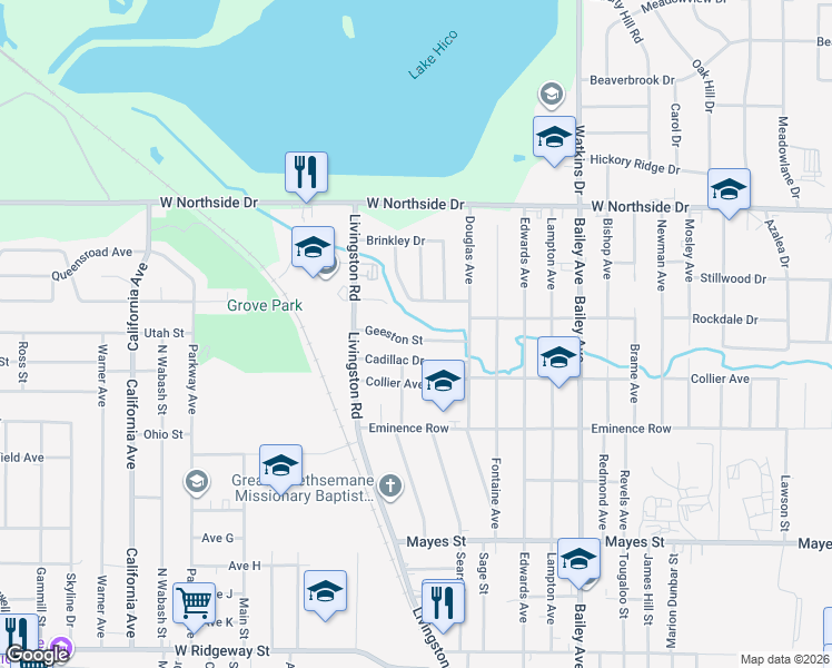 map of restaurants, bars, coffee shops, grocery stores, and more near 1420 Geeston Street in Jackson