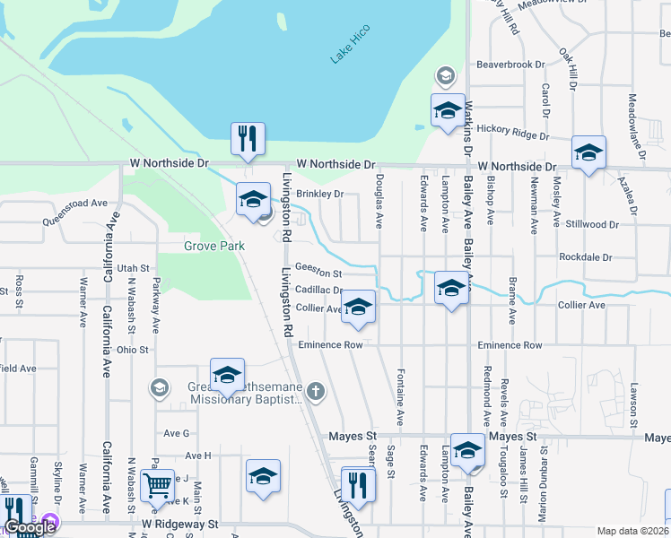 map of restaurants, bars, coffee shops, grocery stores, and more near 1420 Geeston Street in Jackson