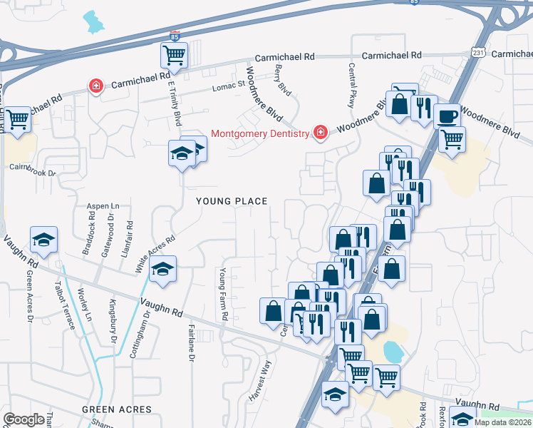 map of restaurants, bars, coffee shops, grocery stores, and more near 1648 Young Pointe Boulevard in Montgomery