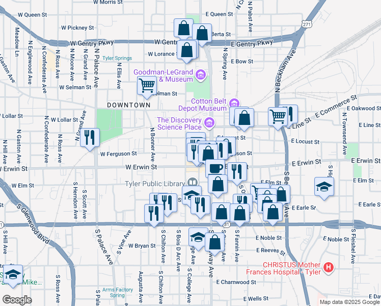 map of restaurants, bars, coffee shops, grocery stores, and more near 221 West Ferguson Street in Tyler