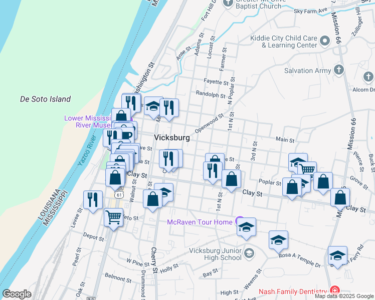 map of restaurants, bars, coffee shops, grocery stores, and more near 1115 Grove Street in Vicksburg