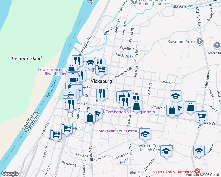 map of restaurants, bars, coffee shops, grocery stores, and more near 1006 Locust Street in Vicksburg