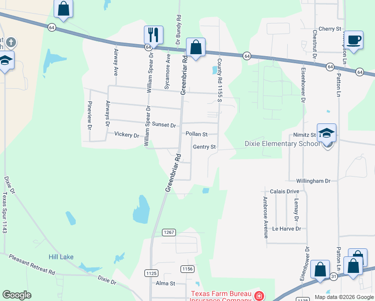 map of restaurants, bars, coffee shops, grocery stores, and more near 3376 Glenda Avenue in Tyler