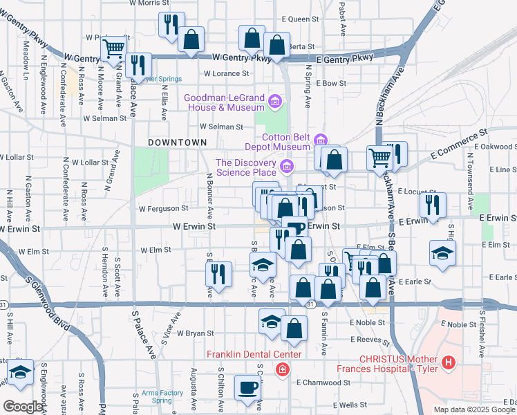 map of restaurants, bars, coffee shops, grocery stores, and more near 221 West Ferguson Street in Tyler