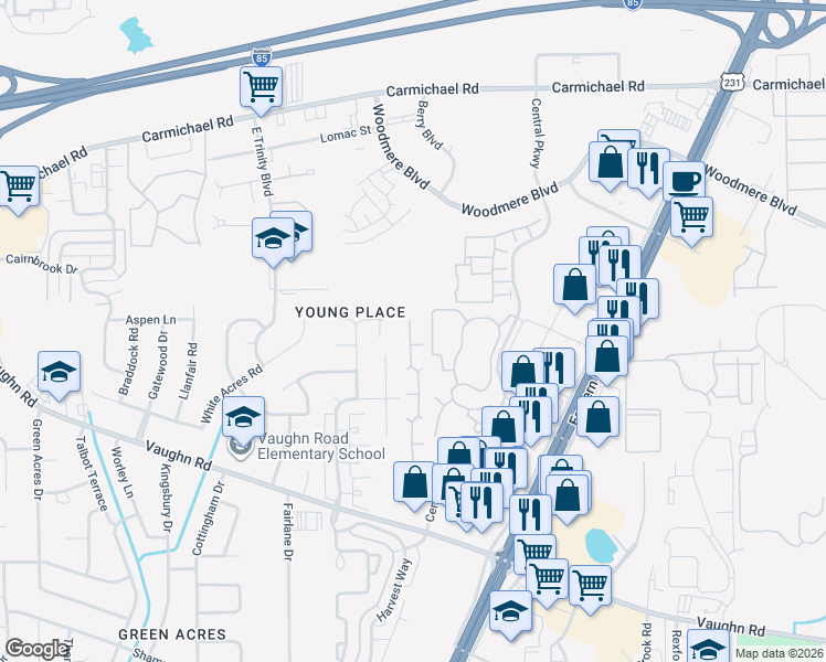 map of restaurants, bars, coffee shops, grocery stores, and more near 1643 Young Pointe Boulevard in Montgomery