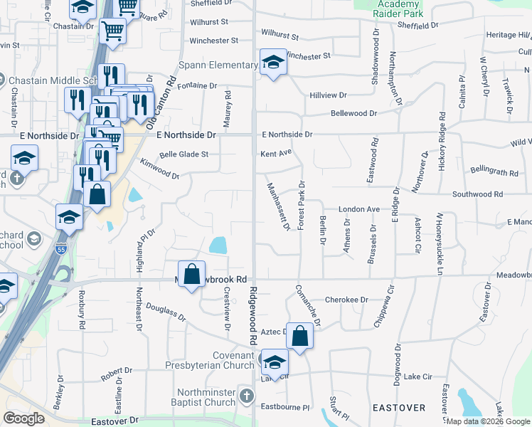 map of restaurants, bars, coffee shops, grocery stores, and more near 4352 Ridgewood Circle in Jackson