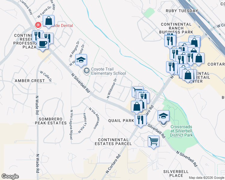 map of restaurants, bars, coffee shops, grocery stores, and more near 7990 North Wildomar Drive in Tucson