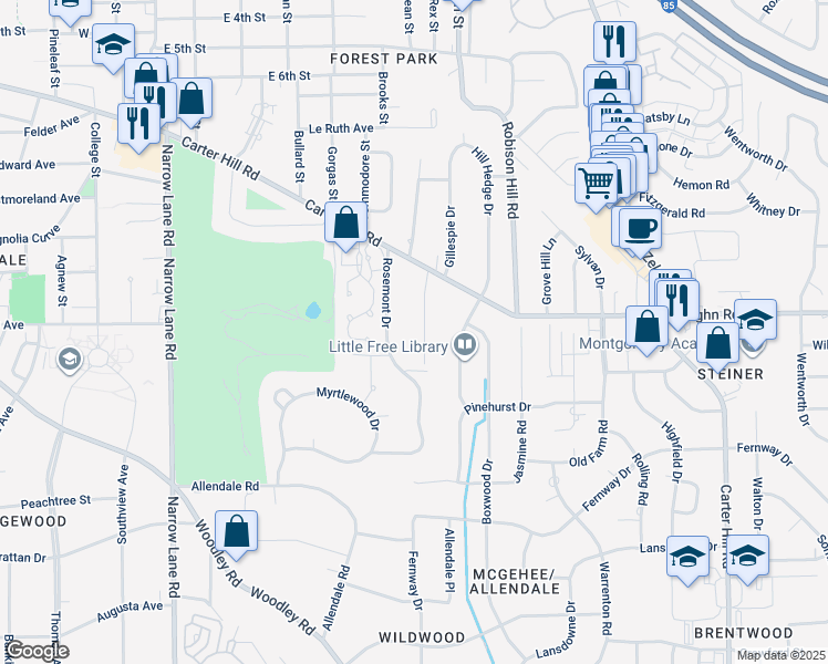 map of restaurants, bars, coffee shops, grocery stores, and more near 2148 Meadowlane Drive in Montgomery