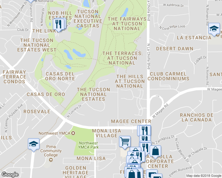 map of restaurants, bars, coffee shops, grocery stores, and more near 8031 North Tuscany Drive in Tucson