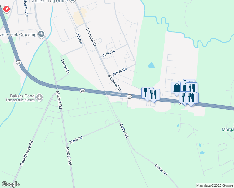 map of restaurants, bars, coffee shops, grocery stores, and more near 1262 Highway 21 in Springfield