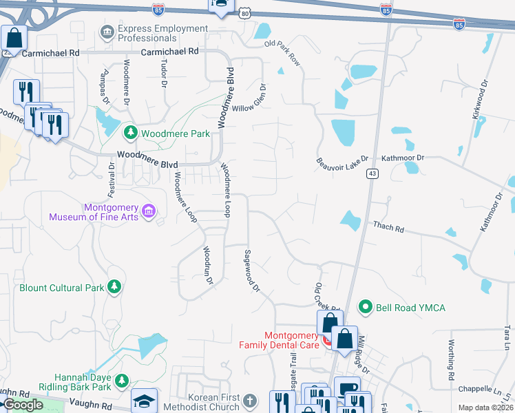 map of restaurants, bars, coffee shops, grocery stores, and more near 1937 Still Oaks Drive in Montgomery