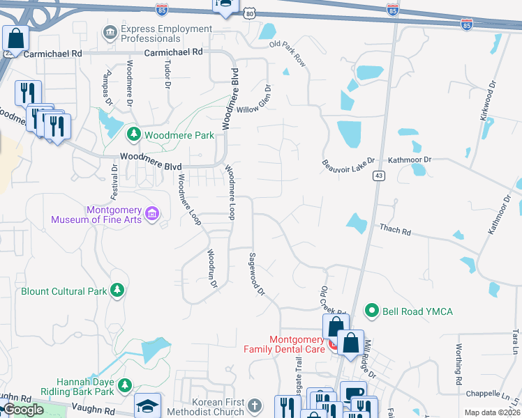 map of restaurants, bars, coffee shops, grocery stores, and more near 1937 Still Oaks Drive in Montgomery