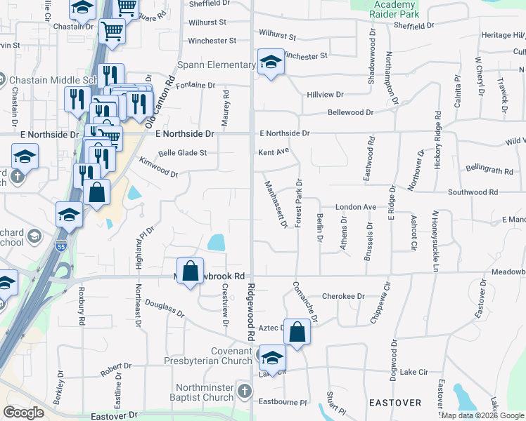 map of restaurants, bars, coffee shops, grocery stores, and more near 4352 Ridgewood Circle in Jackson