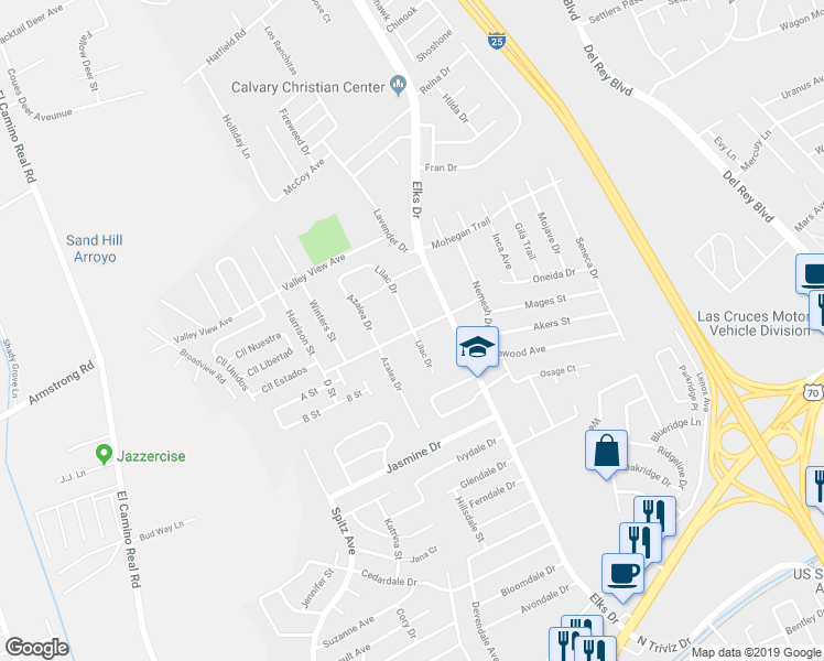 map of restaurants, bars, coffee shops, grocery stores, and more near 4001 Lilac Drive in Las Cruces