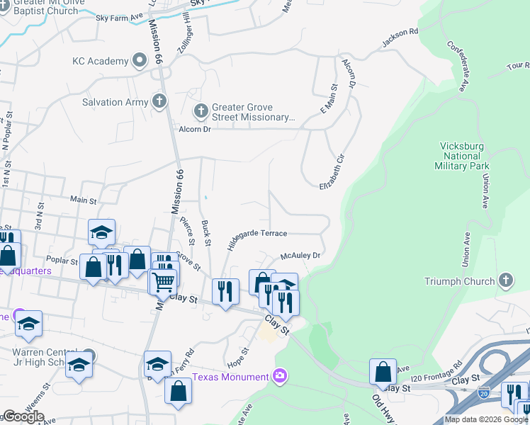 map of restaurants, bars, coffee shops, grocery stores, and more near 330 McAuley Dr in Vicksburg