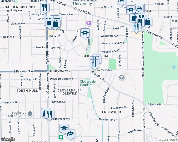 map of restaurants, bars, coffee shops, grocery stores, and more near 3000 Cloverdale Road in Montgomery