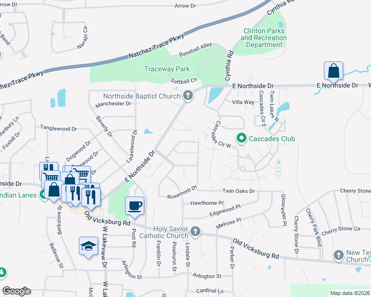 map of restaurants, bars, coffee shops, grocery stores, and more near 106A Briarmeade Drive in Clinton