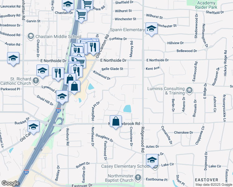 map of restaurants, bars, coffee shops, grocery stores, and more near 16 Sugarlimb Circle in Jackson