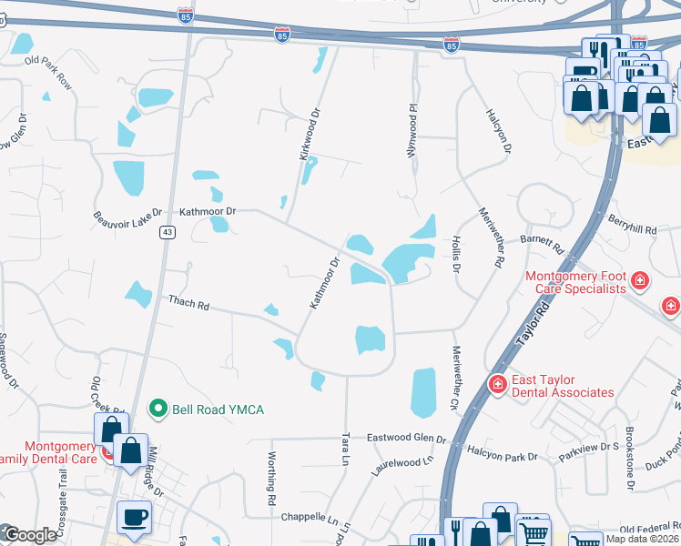 map of restaurants, bars, coffee shops, grocery stores, and more near 6600 Kathmoor Drive in Montgomery