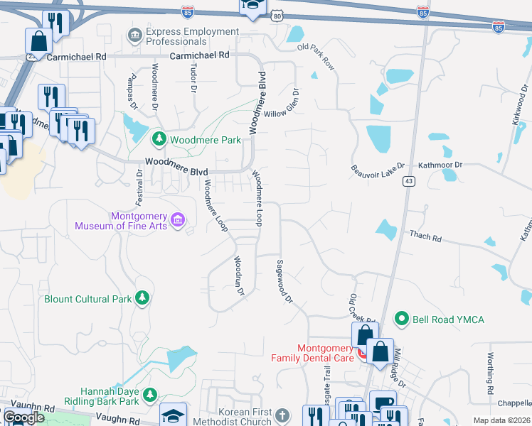 map of restaurants, bars, coffee shops, grocery stores, and more near 2120 Sagewood Drive in Montgomery