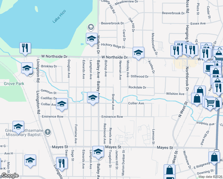 map of restaurants, bars, coffee shops, grocery stores, and more near 3670 Brame Avenue in Jackson