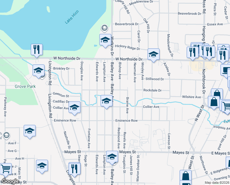 map of restaurants, bars, coffee shops, grocery stores, and more near 805 Rockdale Drive in Jackson