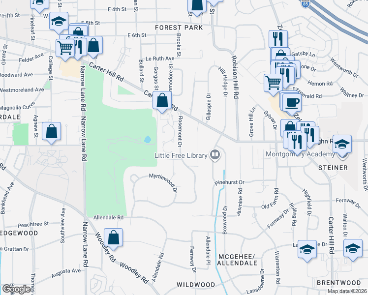 map of restaurants, bars, coffee shops, grocery stores, and more near 2214 Rosemont Drive in Montgomery