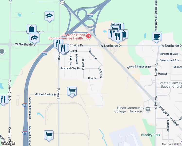 map of restaurants, bars, coffee shops, grocery stores, and more near 118 Michael Clay Court in Jackson