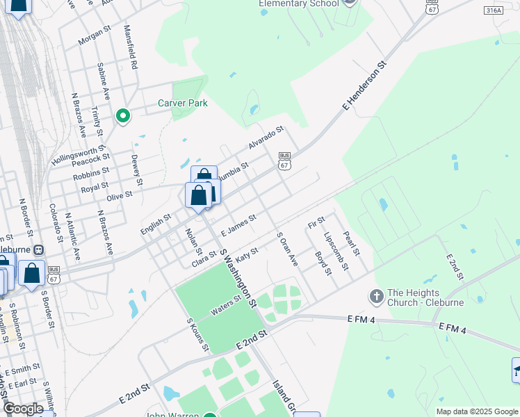 map of restaurants, bars, coffee shops, grocery stores, and more near 1129 East James Street in Cleburne