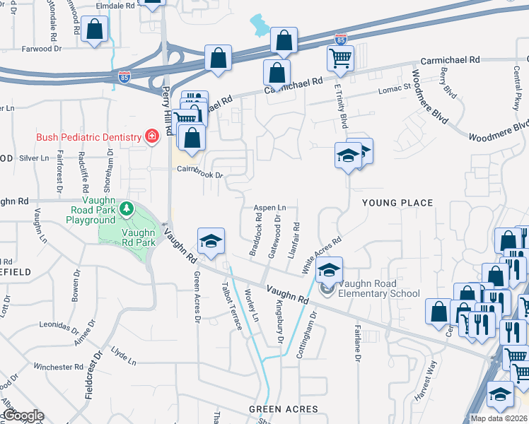 map of restaurants, bars, coffee shops, grocery stores, and more near 4134 Aspen Lane in Montgomery