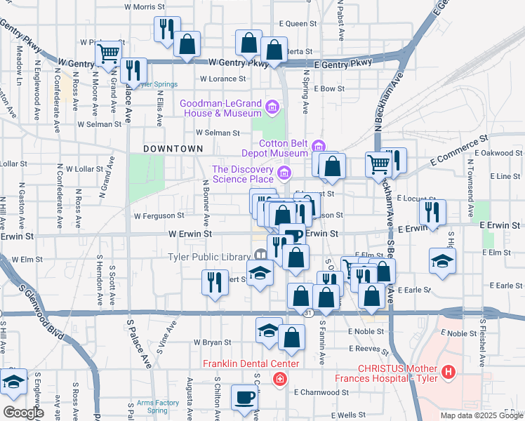 map of restaurants, bars, coffee shops, grocery stores, and more near 211 West Ferguson Street in Tyler