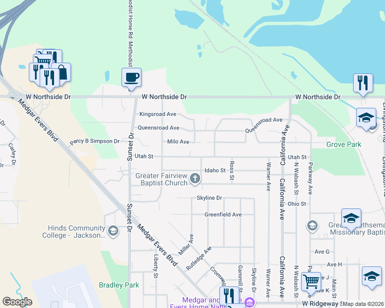 map of restaurants, bars, coffee shops, grocery stores, and more near 2618 Utah St in Jackson