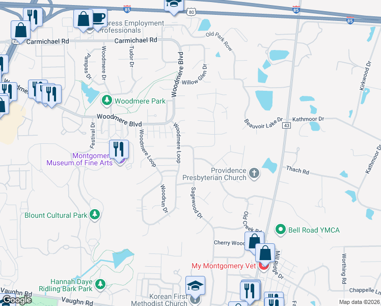 map of restaurants, bars, coffee shops, grocery stores, and more near 2120 Sagewood Drive in Montgomery