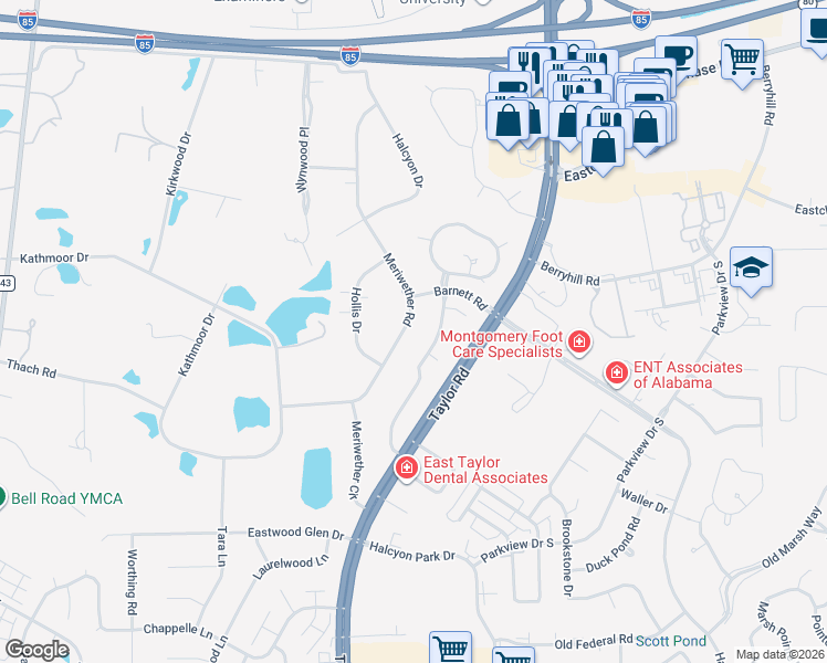map of restaurants, bars, coffee shops, grocery stores, and more near 1431 Meriwether Road in Montgomery