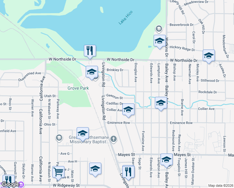 map of restaurants, bars, coffee shops, grocery stores, and more near 1420 Geeston Street in Jackson