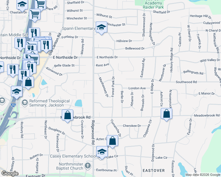 map of restaurants, bars, coffee shops, grocery stores, and more near 4335 Forest Park Drive in Jackson