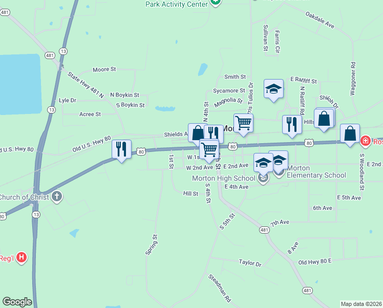 map of restaurants, bars, coffee shops, grocery stores, and more near 4581 U.S. 80 in Morton