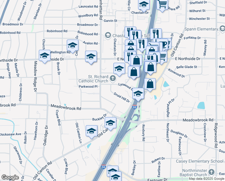 map of restaurants, bars, coffee shops, grocery stores, and more near 1138 Druid Hill Drive in Jackson