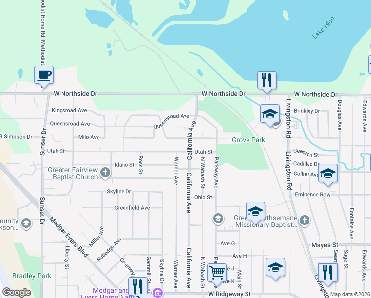 map of restaurants, bars, coffee shops, grocery stores, and more near 2114 Utah Street in Jackson