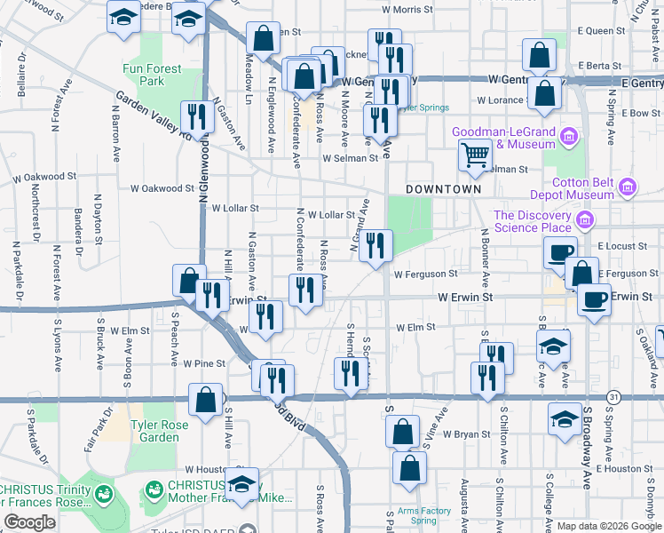 map of restaurants, bars, coffee shops, grocery stores, and more near 1116 West Claude Street in Tyler
