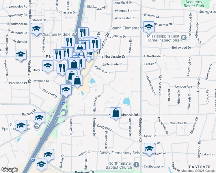 map of restaurants, bars, coffee shops, grocery stores, and more near 11 Highland Meadows Drive in Jackson