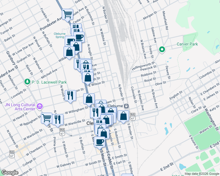 map of restaurants, bars, coffee shops, grocery stores, and more near 421 N Wilhite St in Cleburne
