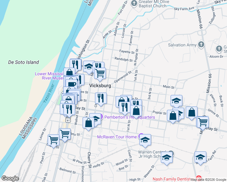 map of restaurants, bars, coffee shops, grocery stores, and more near 1006 Locust Street in Vicksburg