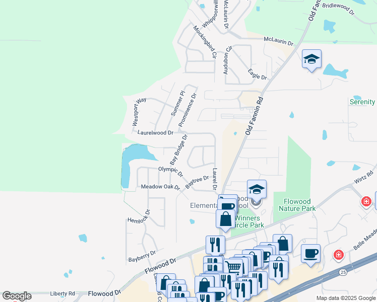 map of restaurants, bars, coffee shops, grocery stores, and more near 232 Williams Circle in Flowood