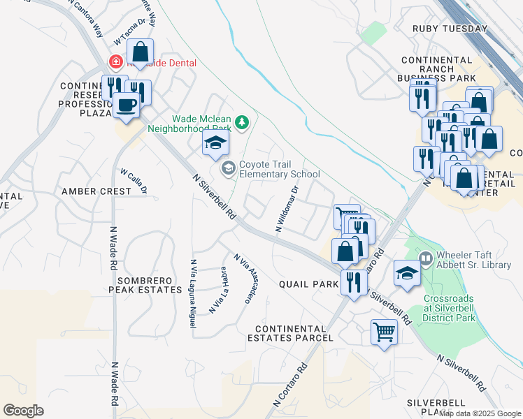 map of restaurants, bars, coffee shops, grocery stores, and more near 6569 Tuzigoot Way in Tucson