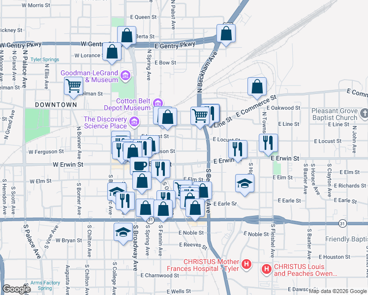 map of restaurants, bars, coffee shops, grocery stores, and more near 416 E Ferguson St in Tyler