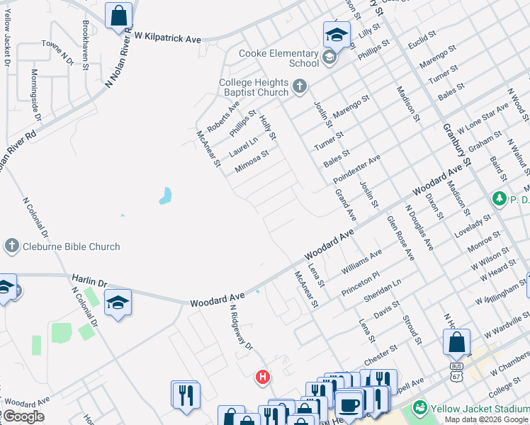 map of restaurants, bars, coffee shops, grocery stores, and more near 902 McAnear Street in Cleburne
