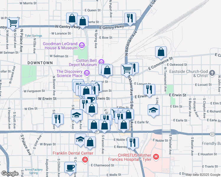 map of restaurants, bars, coffee shops, grocery stores, and more near 312 East Ferguson Street in Tyler