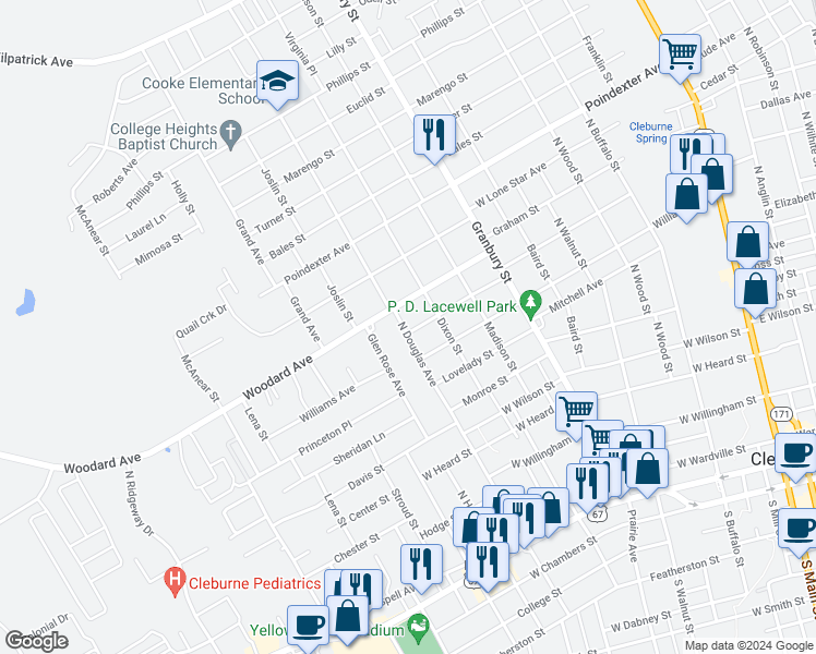 map of restaurants, bars, coffee shops, grocery stores, and more near 312 Moon Street in Cleburne