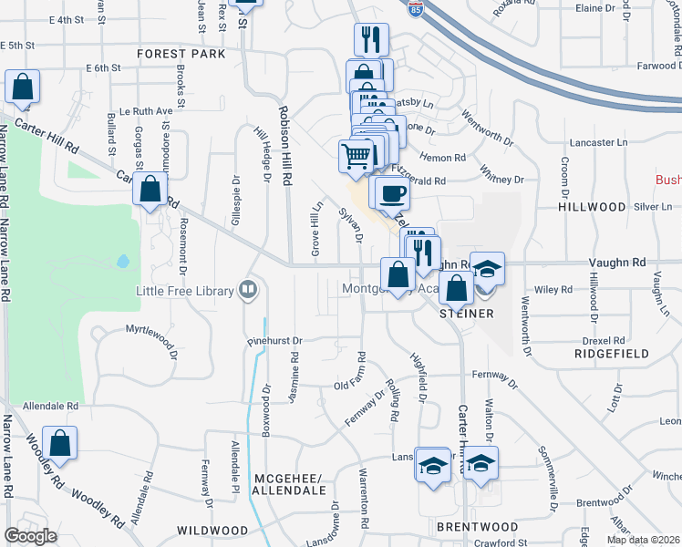 map of restaurants, bars, coffee shops, grocery stores, and more near 2914 Jamestown Drive in Montgomery